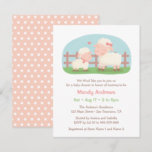 Invitation Petit agneau et Baby shower de ferme maman (Devant / Derrière)