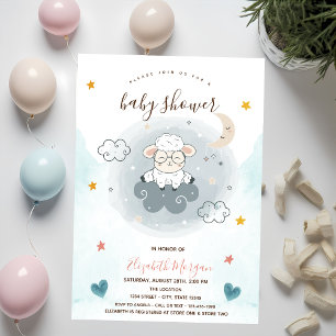 Invitation Petit agneau Mouton Nuage Lune Étoiles Baby shower