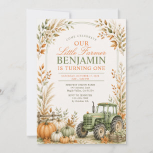 Invitation Petit agriculteur tracteur vert citrouille anniver