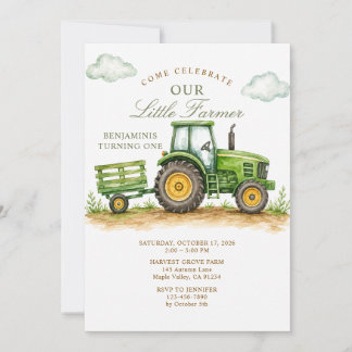 Invitation Petit agriculteur tracteur vert Sage 1er anniversa
