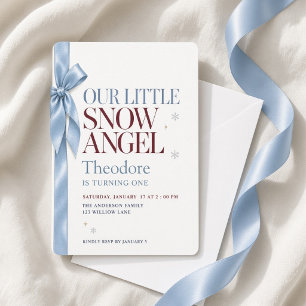 Invitation Petit Ange de Neige au Ruban Bleu pour Premier Ann