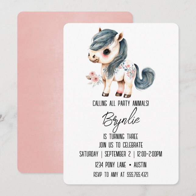 Invitation Petit Anniversaire Poney mignon Cheval Blanc Rose (Devant / Derrière)