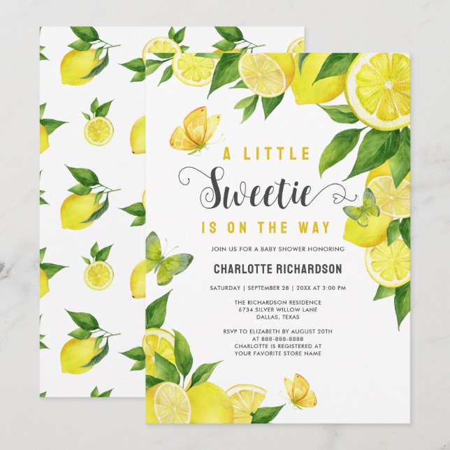 Invitation Petit Baby shower aux agrumes de citron doux (Devant / Derrière)