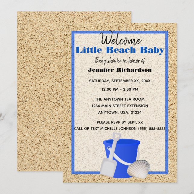 Invitation Petit Baby shower Bébé de plage de sable bleu (Devant / Derrière)