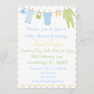 Invitation Petit baby shower bleu et vert cranté de vêtements