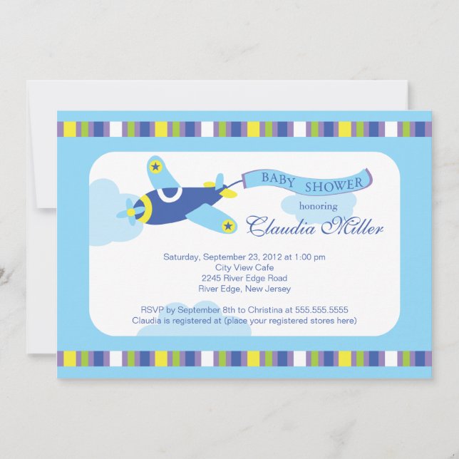 Invitation Petit baby shower bleu mignon de garçon d'avion (Devant)