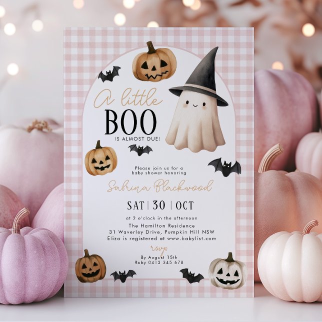 Invitation Petit Baby shower Boo Citrouille Fantôme rose (A little Boo is almost due! Pink halloween themed baby shower invitation with ghost and pumpkins)