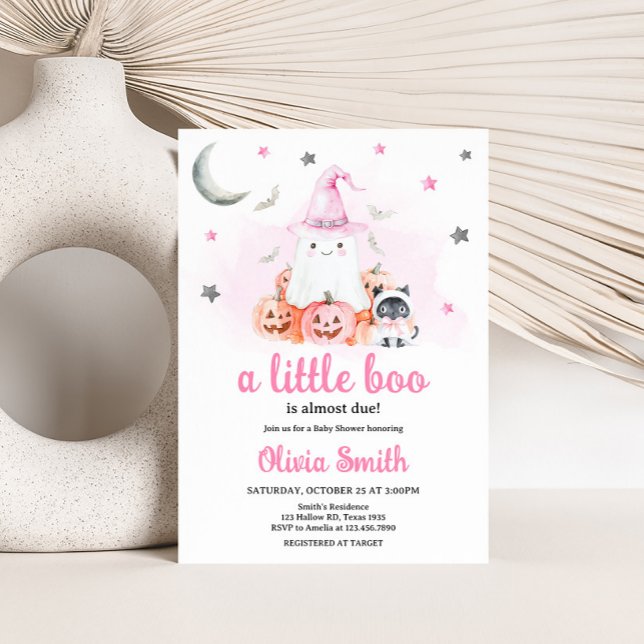 Invitation Petit Baby shower Boo d'Halloween rose (Girl Halloween Little Boo Baby Shower Invitation)