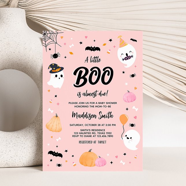 Invitation Petit Baby shower Boo d'Halloween rose (Girl Ghost Baby Shower Invitation)