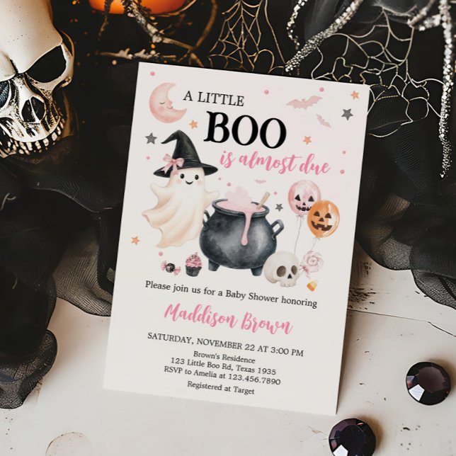 Invitation Petit Baby shower Boo Ghost Sorcière Rose (Girl Witch Ghost Little Boo Baby Shower Invitation)