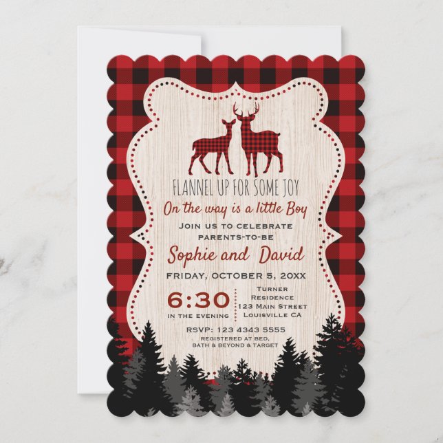 Invitation Petit Baby shower Chasseur de bûcheron doux (Devant)