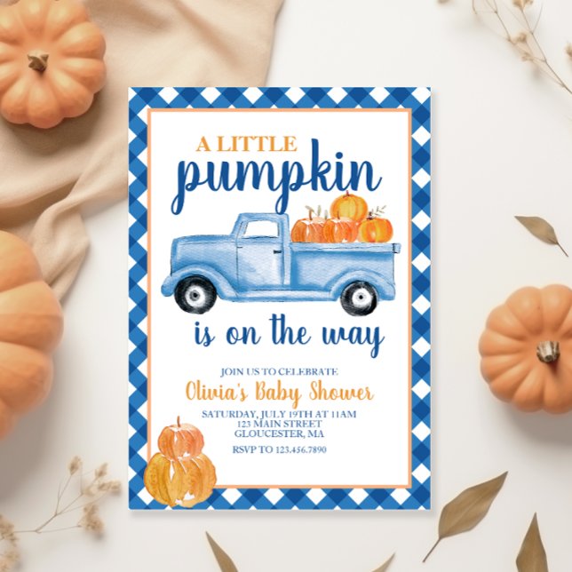 Invitation Petit Baby shower Citrouille Camion bleu Automne (Créateur téléchargé)