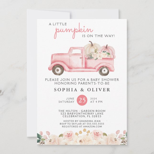 Invitation Petit Baby shower Citrouille Couples Roses (Devant)