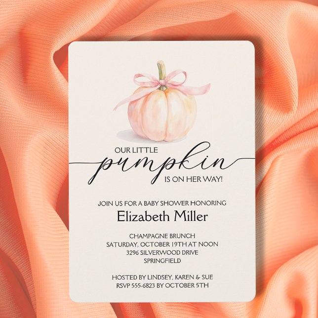 Invitation Petit Baby shower Citrouille de Bow rose (Pink ribbon and bow little pumpkin girl baby shower invitations)