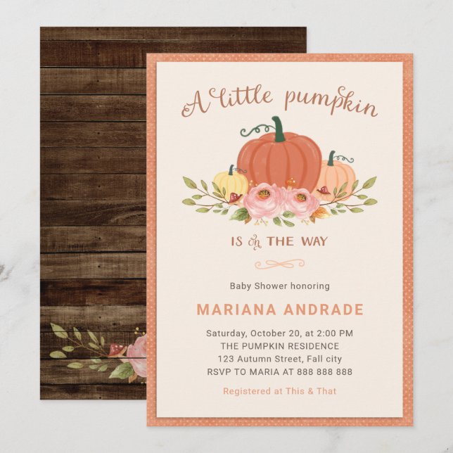 Invitation Petit Baby shower Citrouille Rustique Automne Flor (Devant / Derrière)