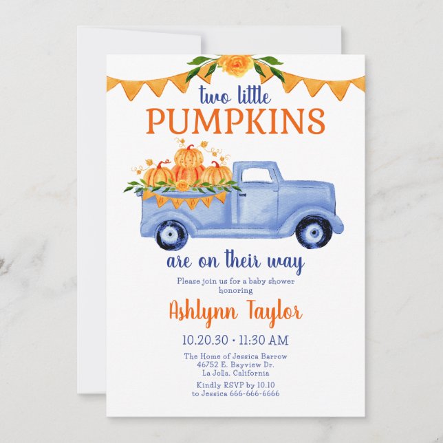 Invitation Petit Baby shower Citrouille Twin Boy Tout En Un (Devant)