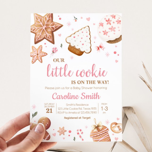 Invitation Petit Baby shower Cookie de Noël rose (Christmas Little Cookie Gingerbread Baby Shower Invitation
)