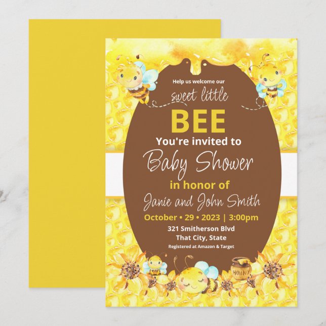 Invitation Petit Baby shower d'abeilles doux (Devant / Derrière)