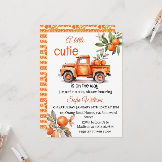 Invitation petit baby shower d'agrumes de camion orange (Devant/Arrière en situation)