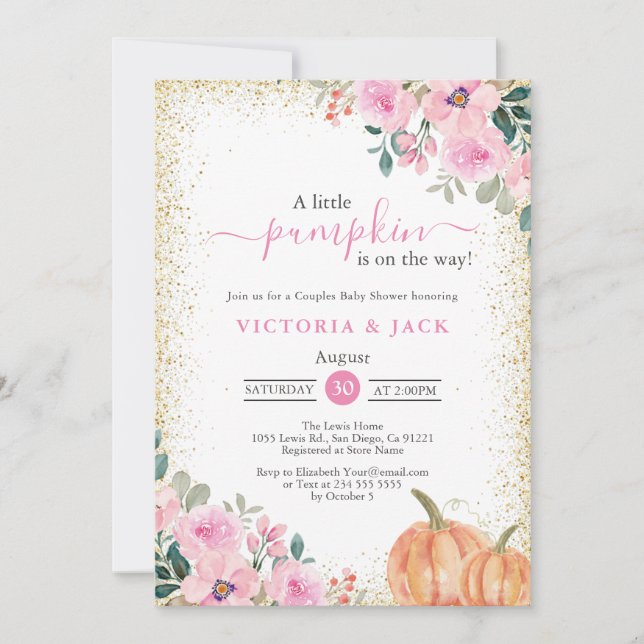 Invitation Petit Baby shower d'automne rose Citrouille (Devant)