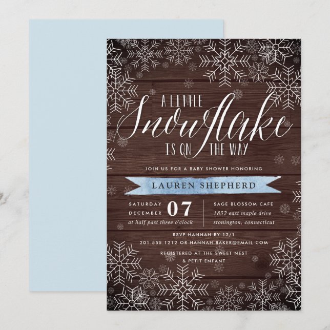 Invitation Petit Baby shower de bois rustique bleu Snowflake (Devant / Derrière)