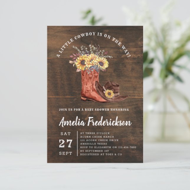 Invitation Petit Baby shower de bottes de cowboy (Debout devant)