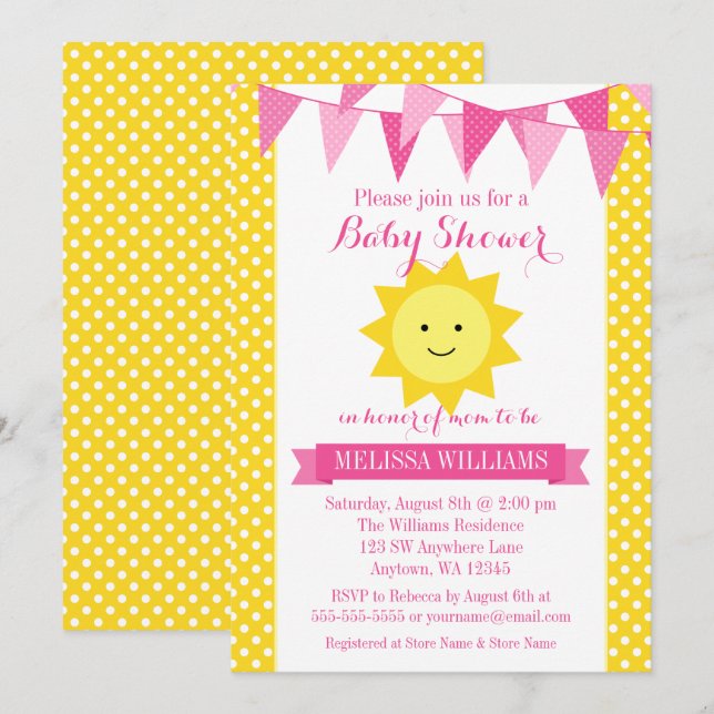 Invitation Petit Baby shower de Bunch Jaune Rose Brillant (Devant / Derrière)