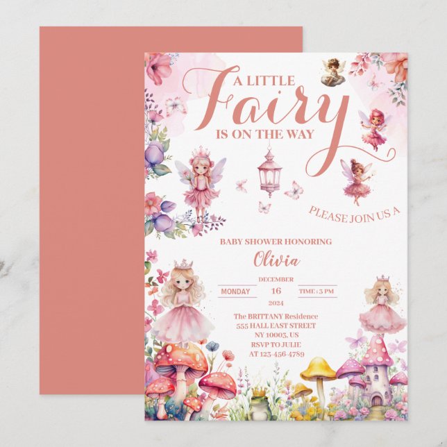 Invitation petit baby shower de fée rouille rose rose fleuri (Devant / Derrière)