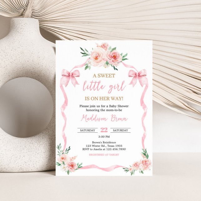 Invitation Petit Baby shower de fille rose pâle (Pink Floral Bow Little Girl Baby Shower Invitation)