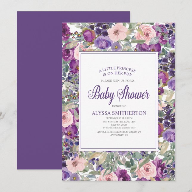 Invitation Petit Baby shower de fille rose violet (Devant / Derrière)