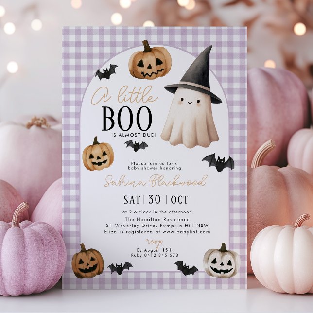Invitation Petit Baby shower de garçon Citrouille de fantôme  (A little Boo is almost due! purple halloween themed baby shower invitation with ghost and pumpkins)