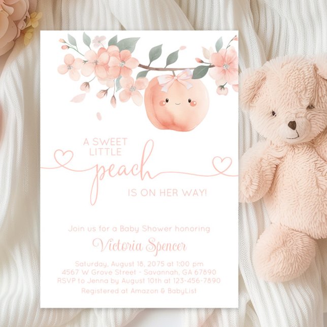 Invitation Petit Baby shower de Pêche douce fille (Adorable baby girl peach baby shower invitation with cute sleepy baby peach.)