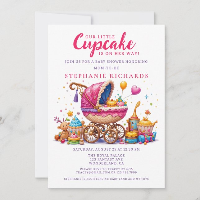 Invitation Petit Baby shower de poussette rose Cupcake (Devant)