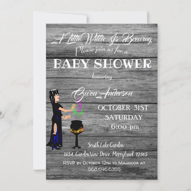 Invitation Petit Baby shower de sorcière gris en bois rustiqu (Devant)