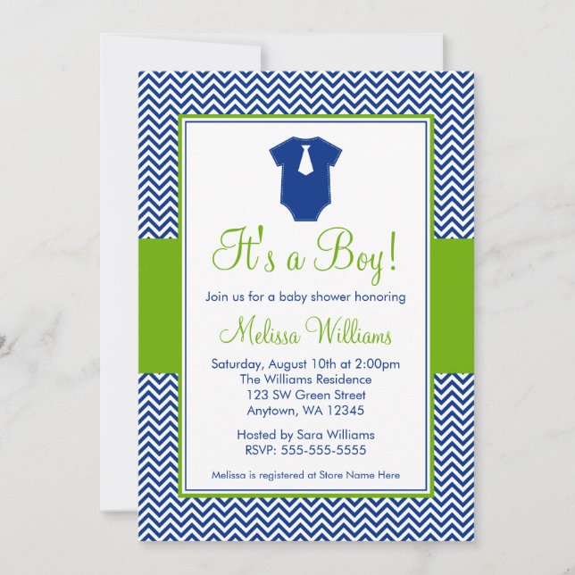 Invitation Petit baby shower de vert bleu de Chevron d'homme (Devant)
