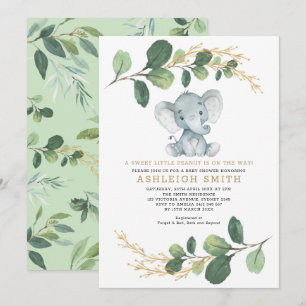 Invitation Petit Baby shower d'éléphant doux et verdoyant