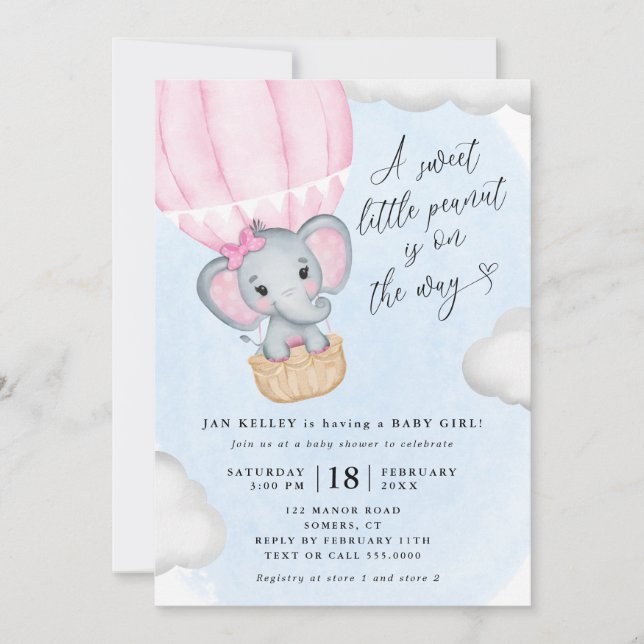 Invitation Petit Baby shower d'éléphant rose cacahuète (Devant)