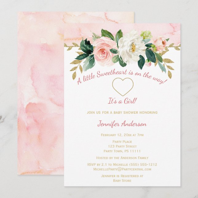Invitation Petit Baby shower d'or rose Valentine (Devant / Derrière)