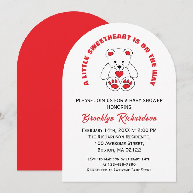 Invitation Petit Baby shower d'ours en peluche blanc rouge do (Devant / Derrière)