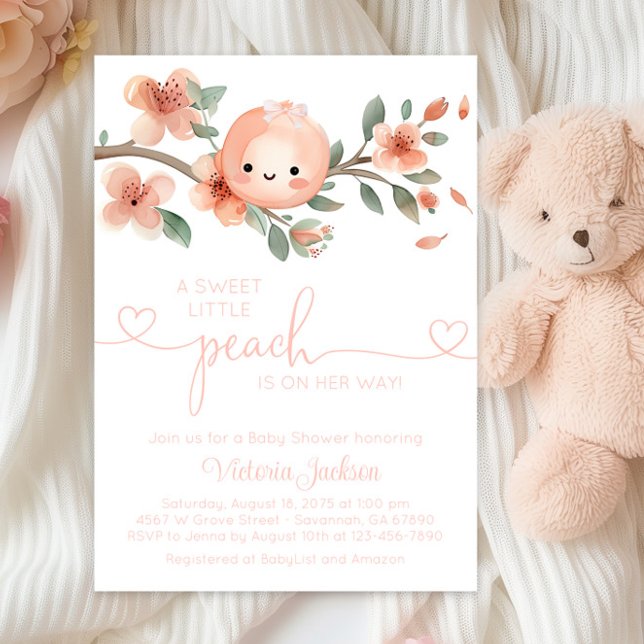 Invitation Petit Baby shower doux (Cute little peach baby shower invitation with adorable baby girl peach and peach branch.)