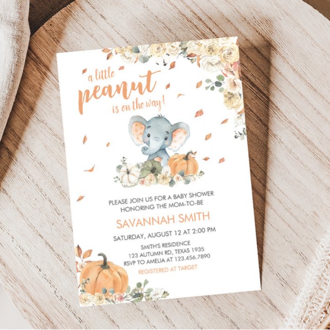 Invitation Petit Baby shower éléphant d'arachide (Fall Elephant Baby Shower Invitation)