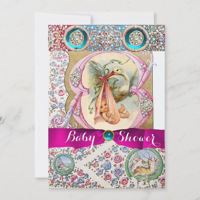INVITATION PETIT BABY SHOWER EN STORK PRINCESS, PIERRES FLORA (Devant)