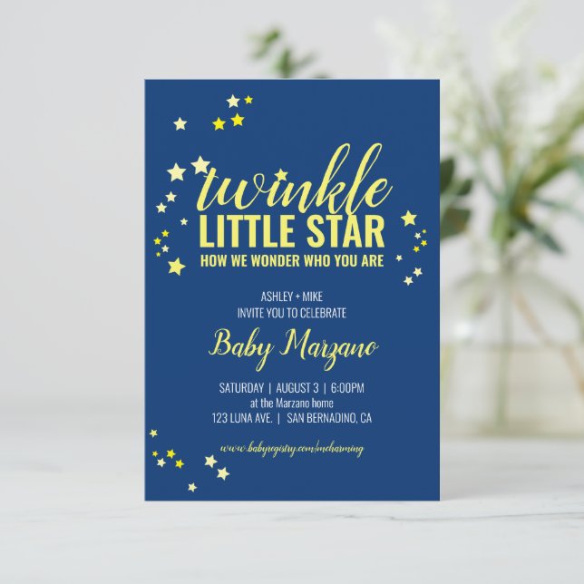Invitation petit BABY SHOWER étoilé ou SIP & VOIR marine jaun (Debout devant)