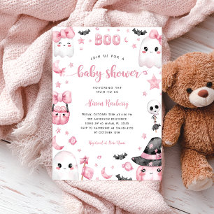 Invitation Petit Baby shower fantôme rose Halloween Boo