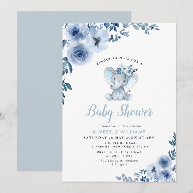 Invitation petit baby shower fleuri bleu éléphant (Devant / Derrière)