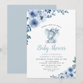 Invitation petit baby shower fleuri bleu éléphant
