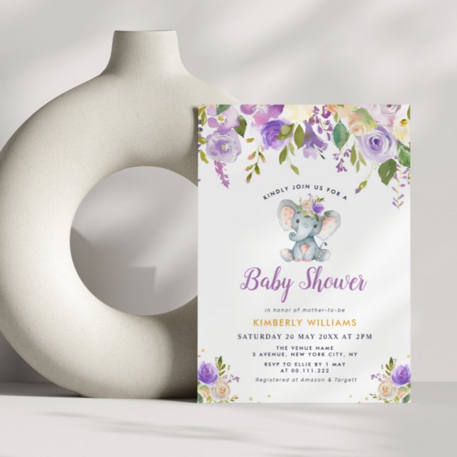 Invitation petit baby shower fleuri violet d'éléphant (Créateur téléchargé)