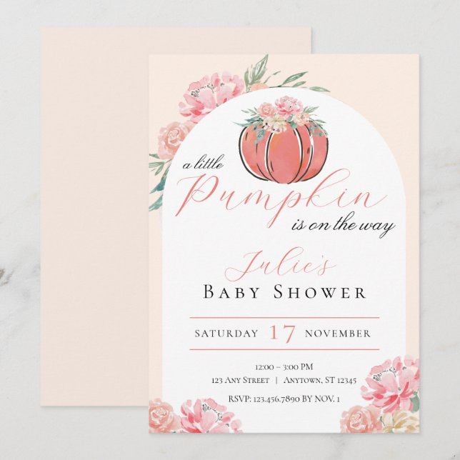 Invitation Petit Baby shower Floral Citrouille fille (Devant / Derrière)