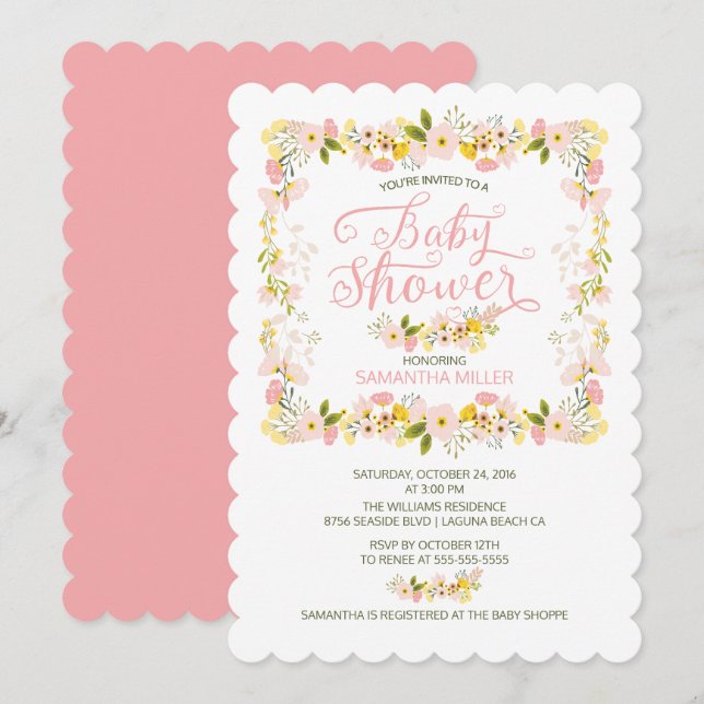 Invitation Petit Baby shower Floral Frame Girls (Devant / Derrière)