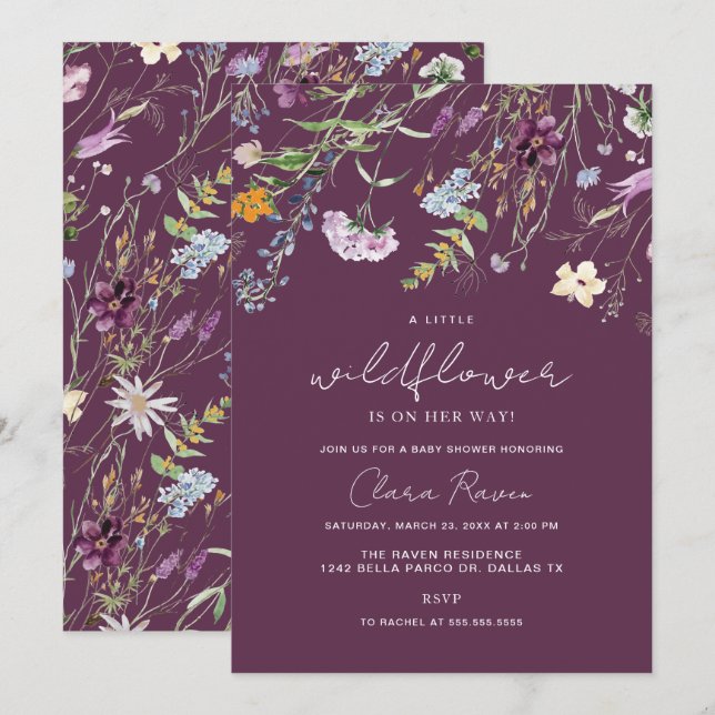 Invitation Petit Baby shower Floral Plum pourpre Fleur sauvag (Devant / Derrière)